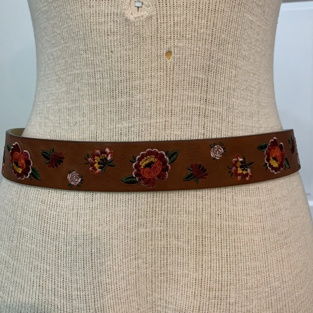 XL brown floral embroidered boho festival belt with silver buckle